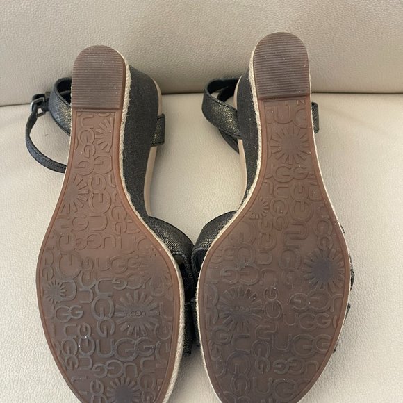 UGG Brand Black & Gold Linen Strappy Heels - Picture 4 of 4